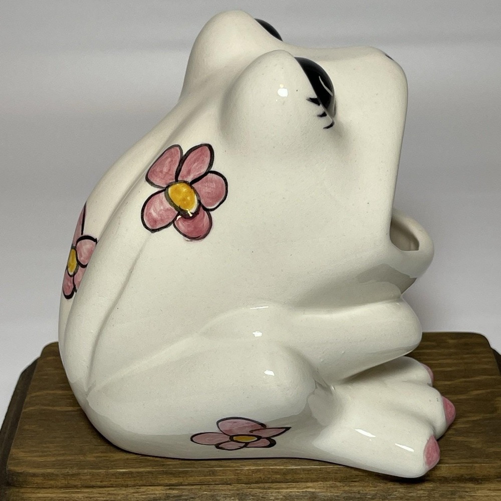 Vintage Studio Pottery Frog 1975 Pretty Eyes Pink Flowers Ceramic Sponge Holder - Picture 8 of 16